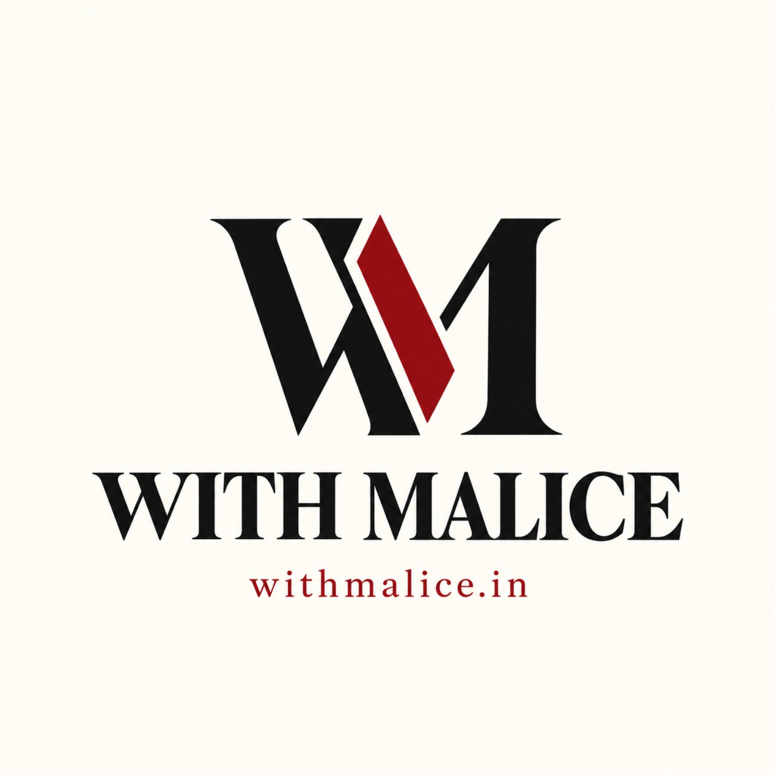 With Malice logo, a black WM monogram with a red slash